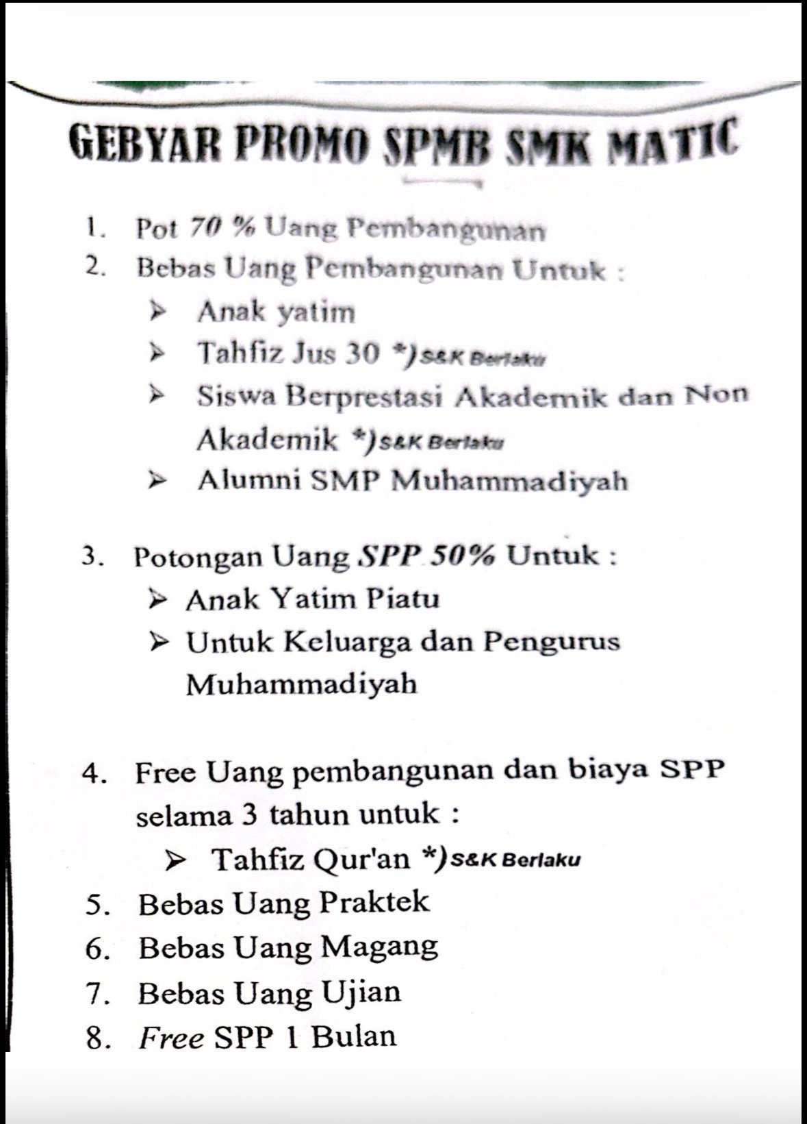 Brosur Gebyar Promo SPMB SMK MATIC